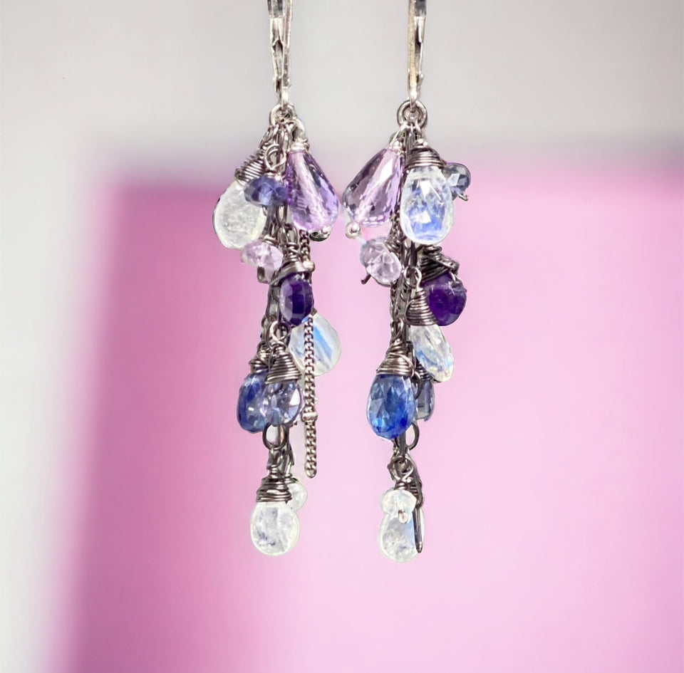 Blue Violet Boho Dangle Earrings Amethyst, Iolite, Moonstone, Oxidized Sterling Silver