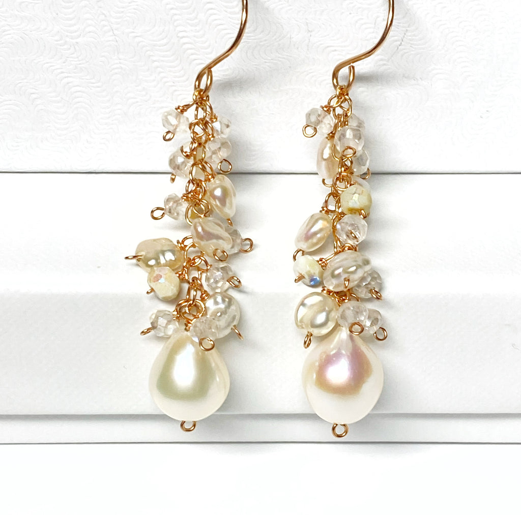 Rose Gold Long Dangle Earrings Keishi Pearl Mystic Quartz