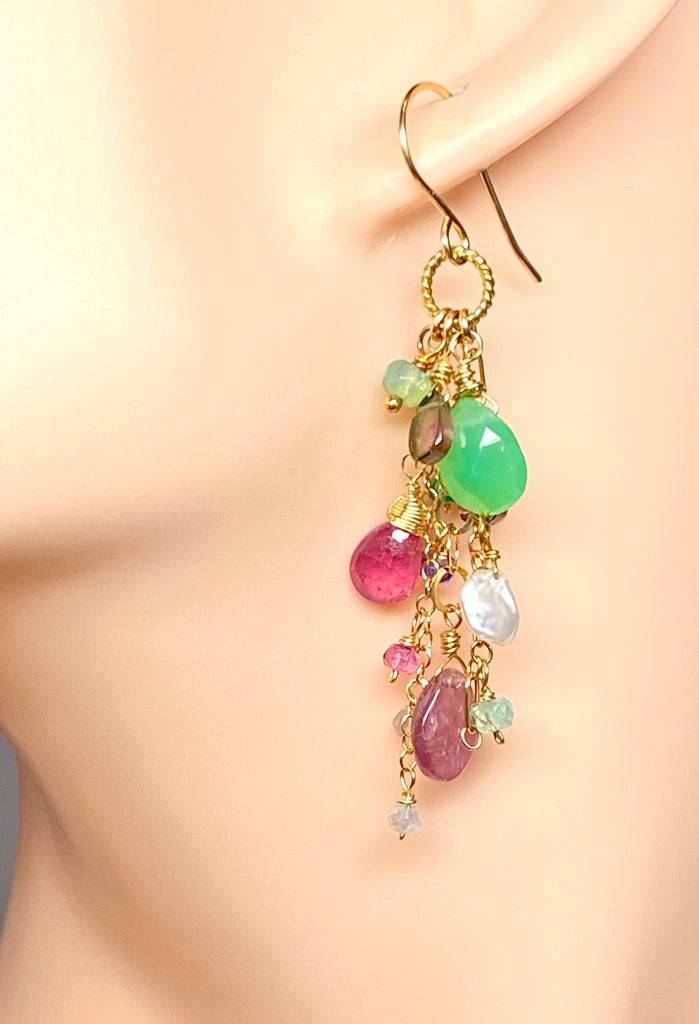 Pink Tourmaline Slice Green Chrysoprase Gemstone Dangle Earrings Gold Fill