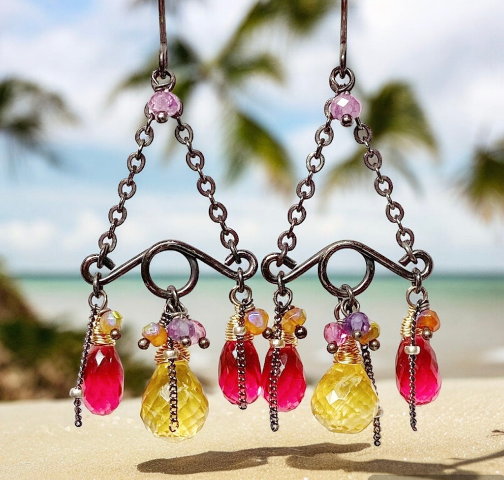 Pink, Fuchsia, Citrine Gemstone Handmade Chandelier Earrings Mixed Metal Oxidized Silver