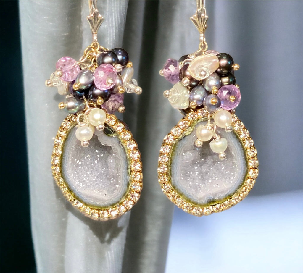 Grey Tabasco Geode Earrings with Diamond Look Austrian Crystals and Amethyst Pearl Clusters