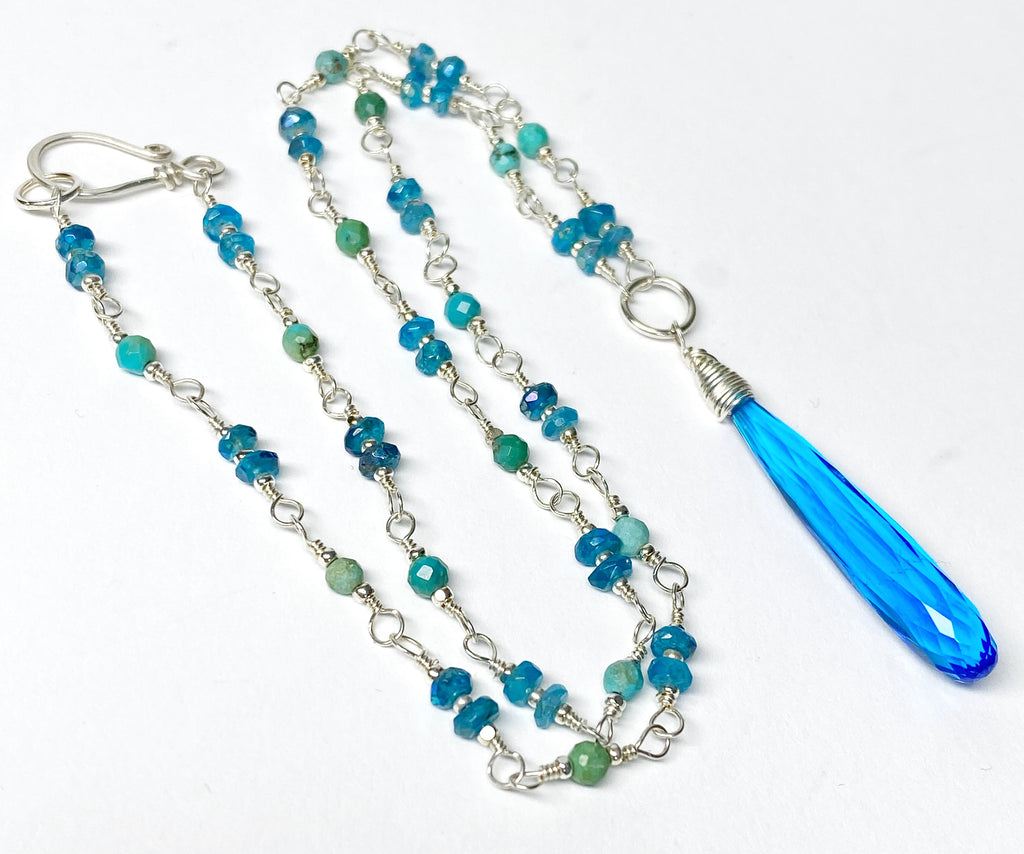 Dainty Necklace Wire Wrap Rosary Style: Swiss Blue Quartz Pendant, Blue Green Gems, Sterling Silver
