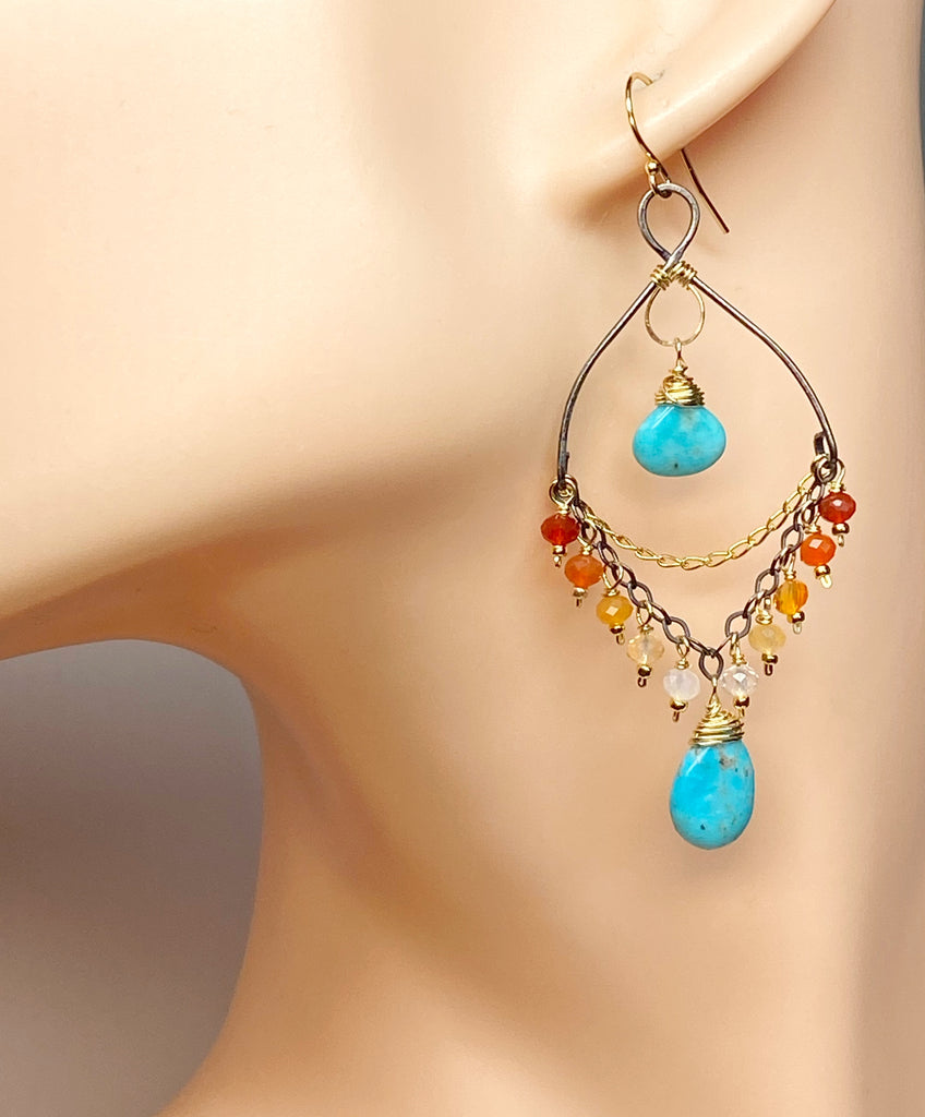 Turquoise Gemstone Mexican Fire Opal Mixed Metal Chandelier Earrings