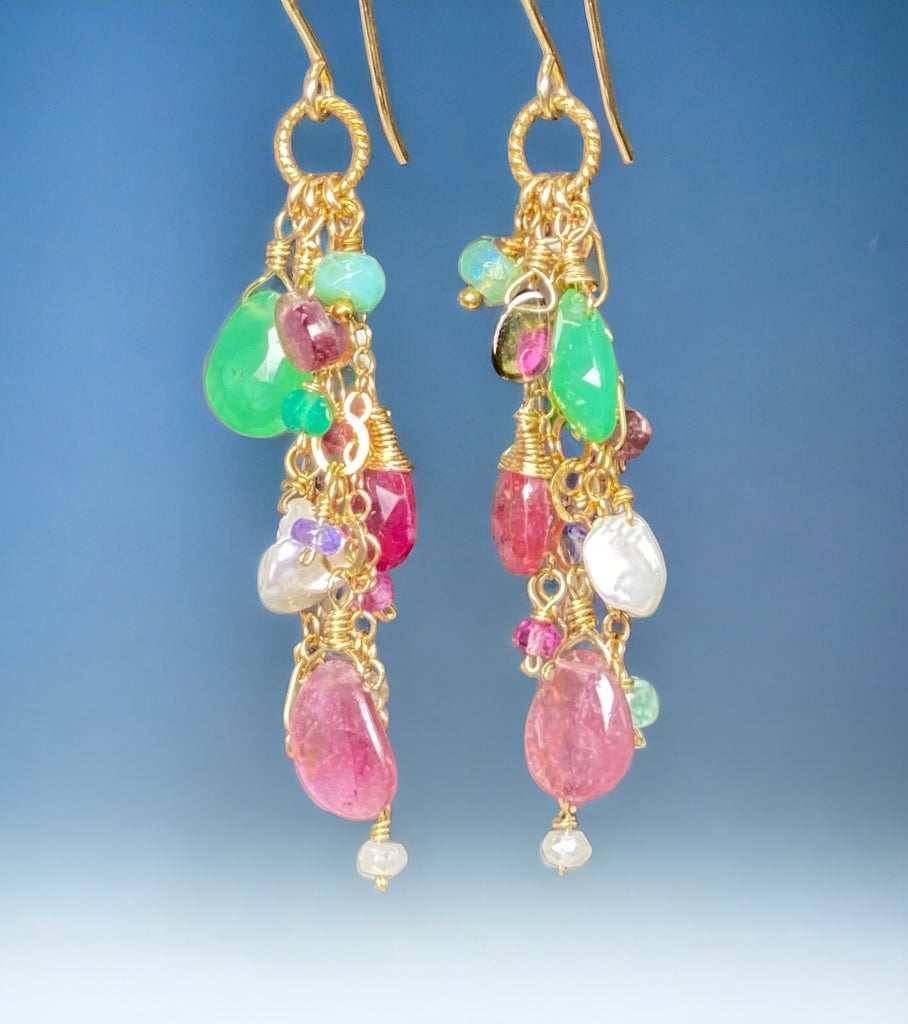 Pink Tourmaline Slice Green Chrysoprase Gemstone Dangle Earrings Gold Fill
