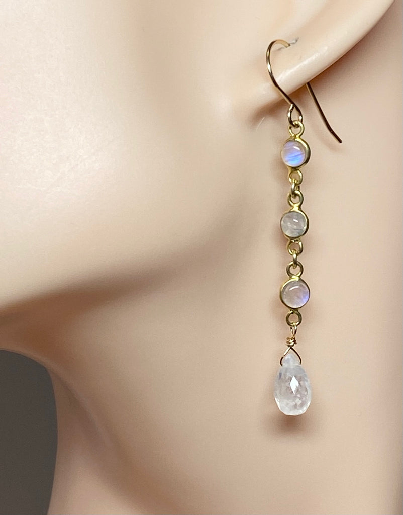 Rainbow Moonstone Teardrop Triple Dangle Earrings Gold Fill