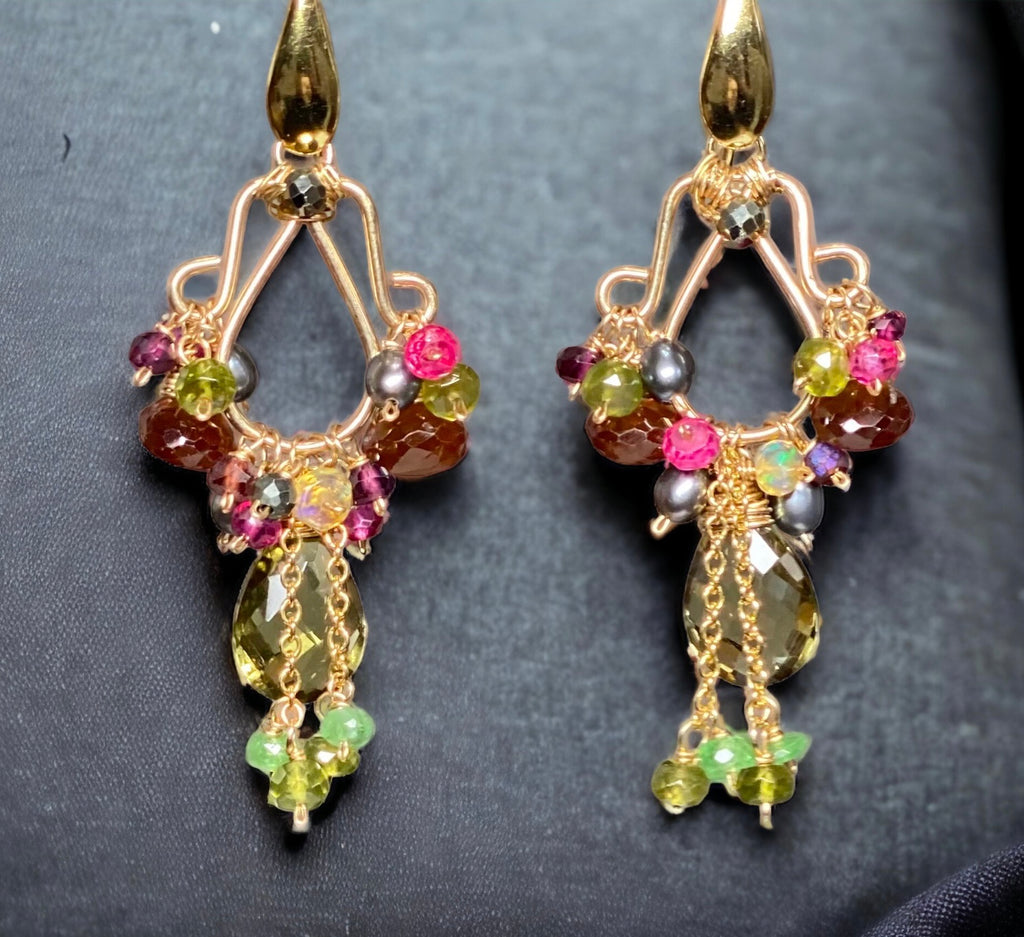 Garnet and Olive Green Gemstone Chandelier Earrings Gold