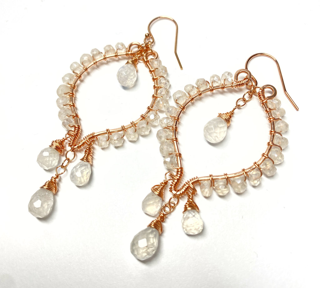 Rose Gold Hoop Earrings Rainbow Moonstone Mystic Crystal
