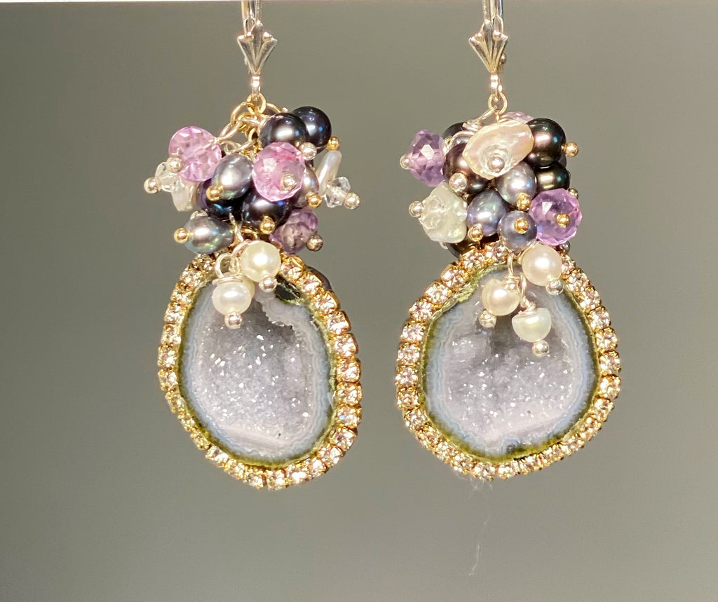 Grey Tabasco Geode Earrings with Diamond Look Austrian Crystals and Amethyst Pearl Clusters