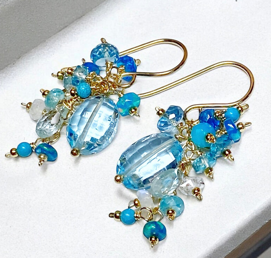 Blue Topaz Dangle Earrings with Multi Gemstone Cluster, Opal, Apatite, Herkimer Diamonds