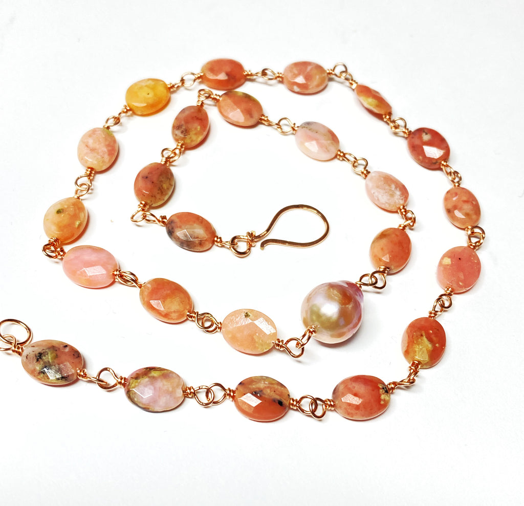 Pink Peruvian Opal, Pearl and Rose Gold Wire Wrapped Necklace