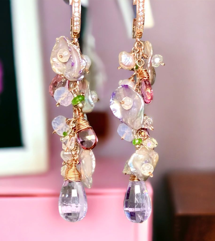 Lavender Amethyst Keishi Pearl Rose Gold Long Dangle Earrings