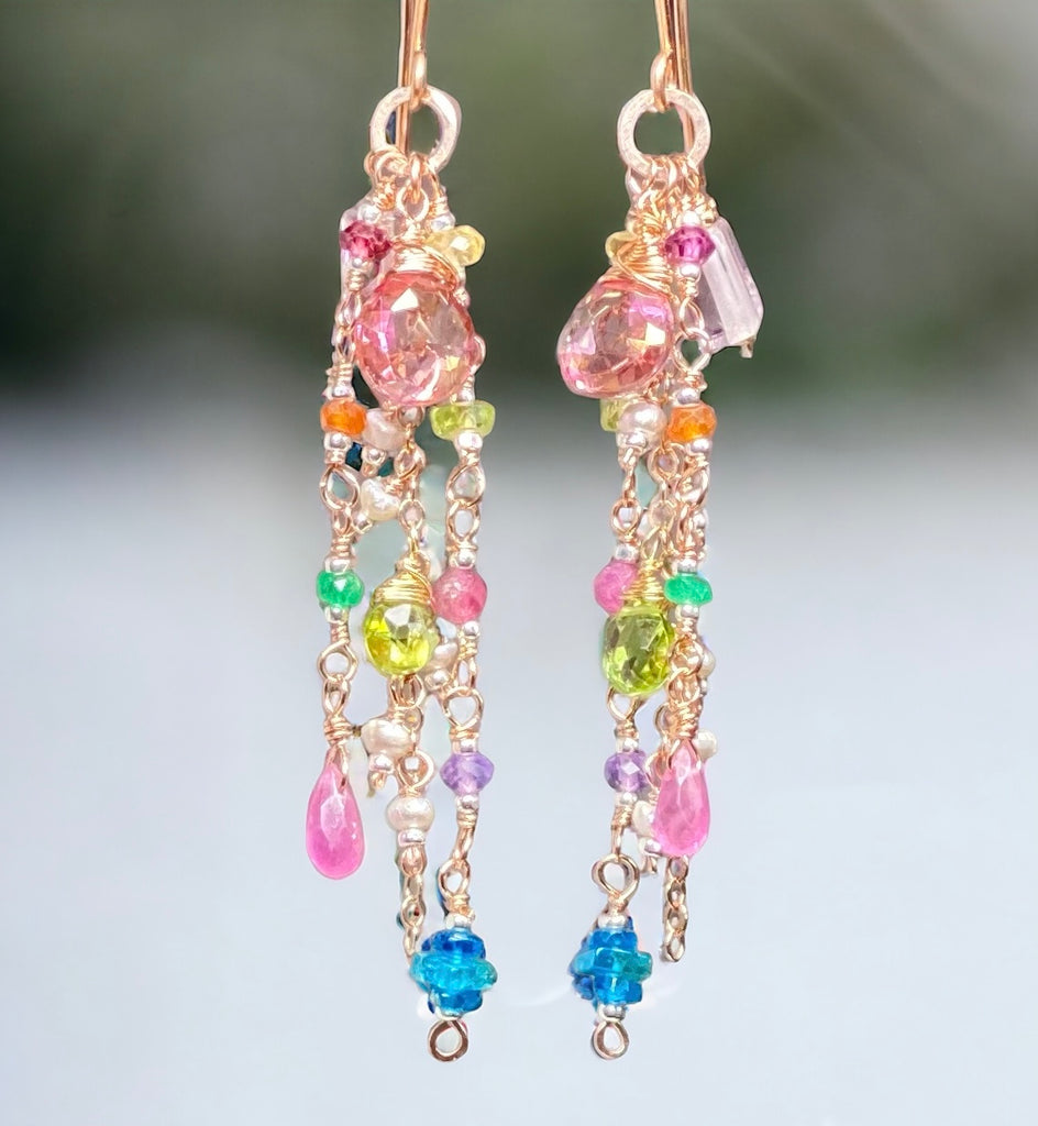 Mystic Pink Topaz Colorful Gemstone Dangle Earrings Rose Gold Fill
