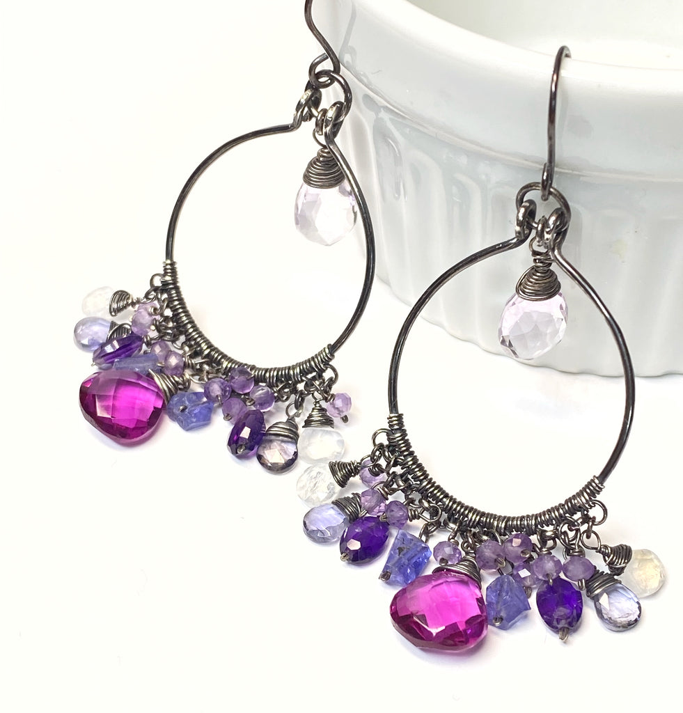 Blue Violet Statement Chandelier Hoop Earrings in Oxidized Sterling Silver