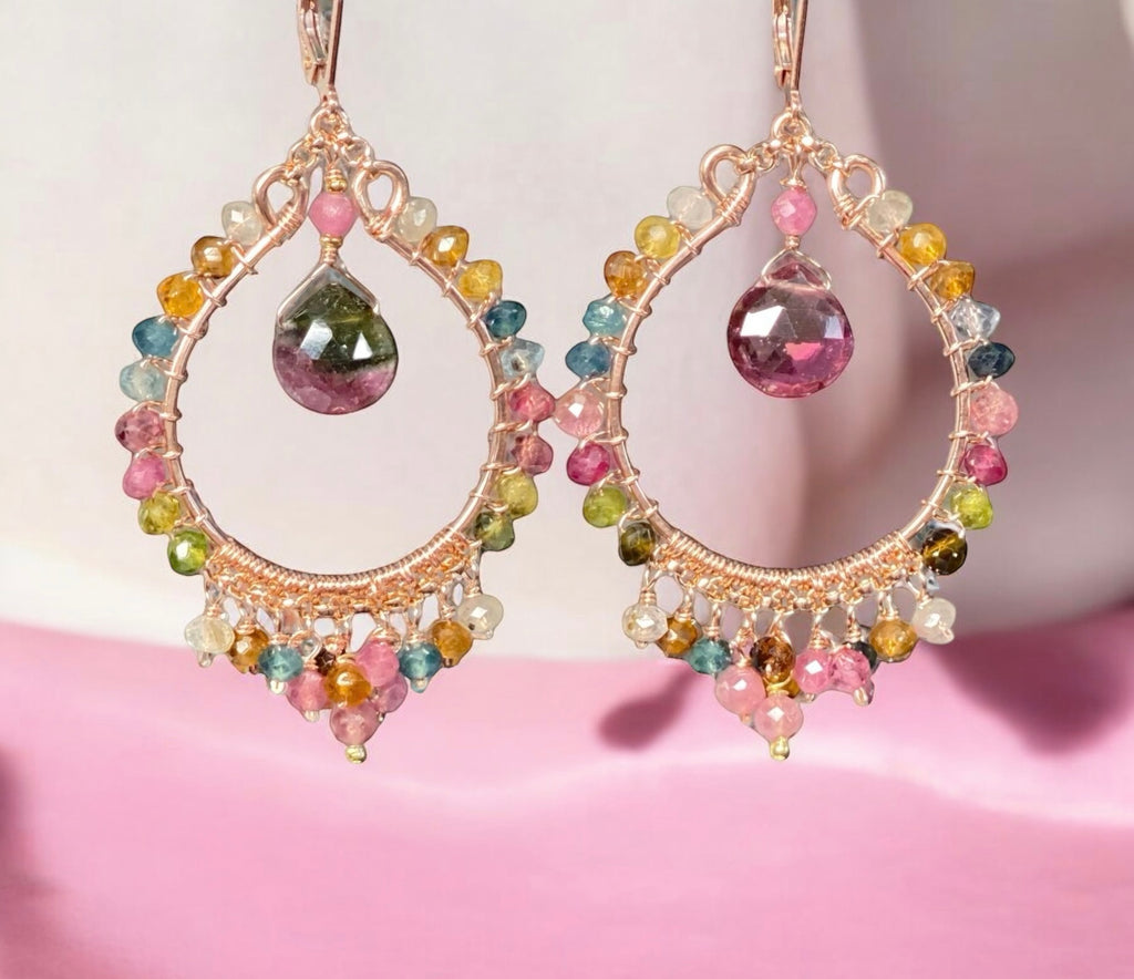 Tourmaline Rose Gold Hoop Chandelier Earrings