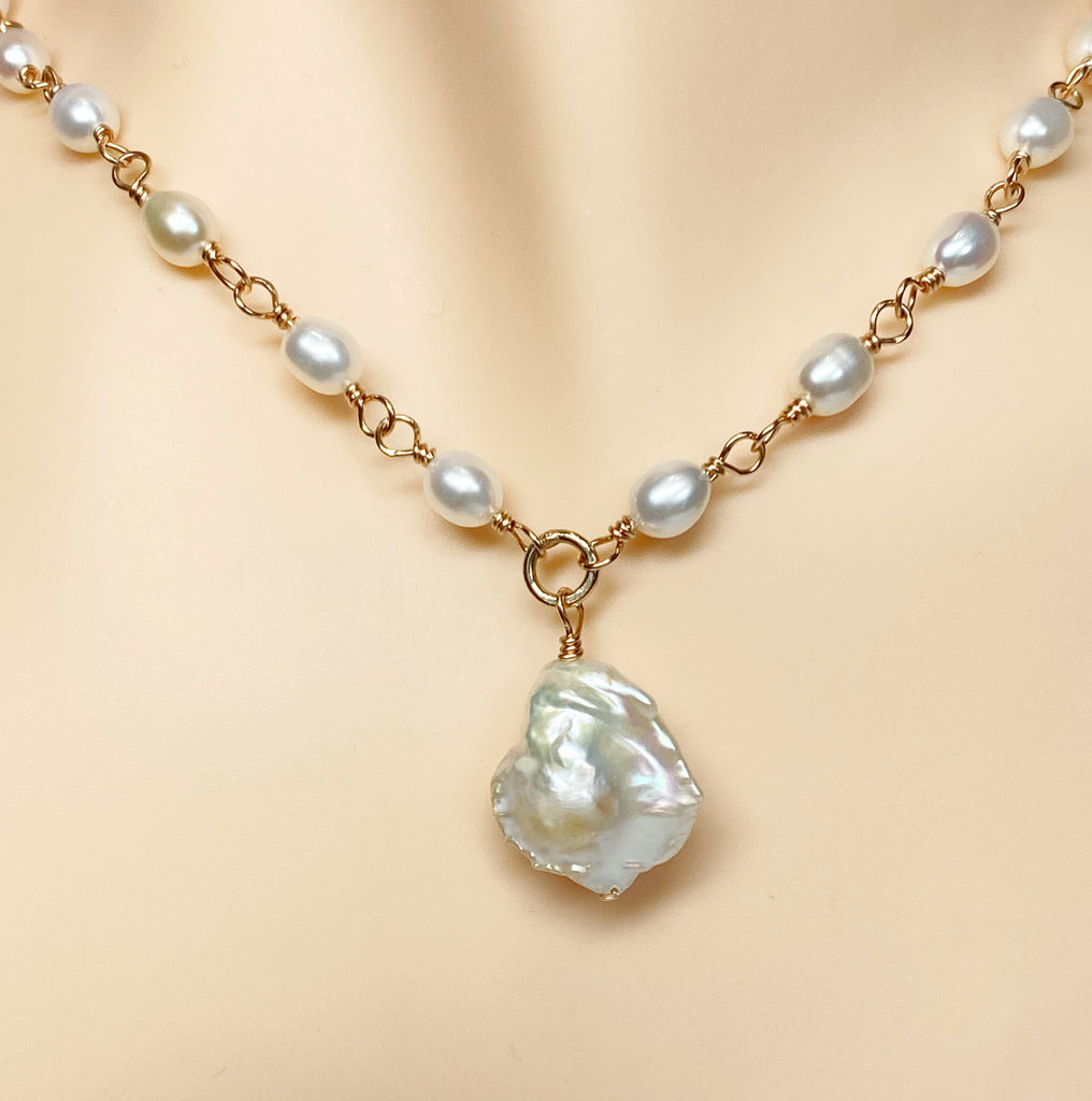 Dainty Baroque Pearl Necklace Wire Wrapped Rosary Style Rose Gold Fill