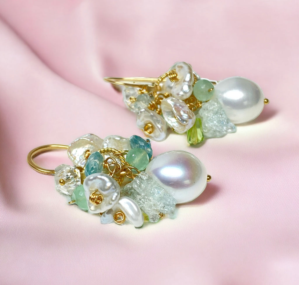 Ivory Baroque Pearl Earrings Clusters of Aquamarine, Peridot, Herkimer Diamond Quartz