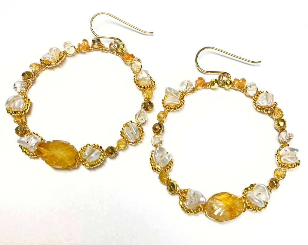 Citrine Gemstone Gold Hoop Earrings Wire Wrapped