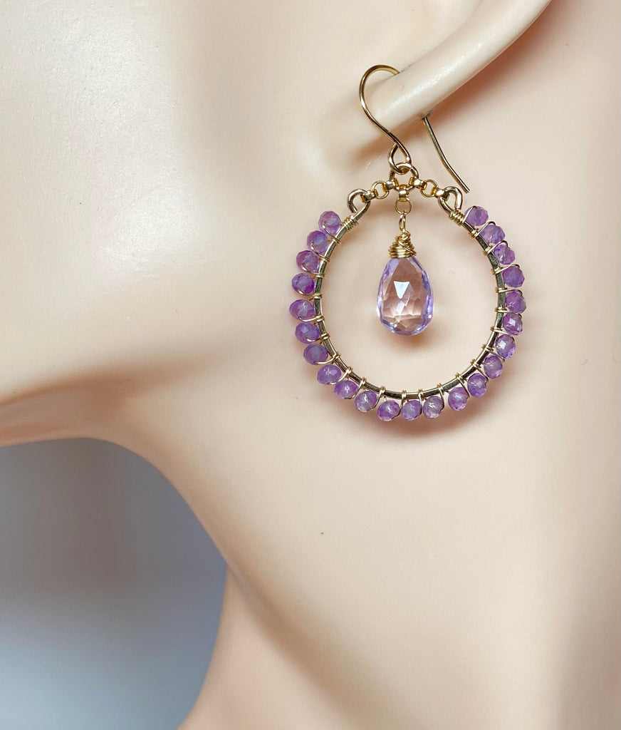 Lavender Pink Amethyst Chandelier Hoop Earrings, Gold Fill