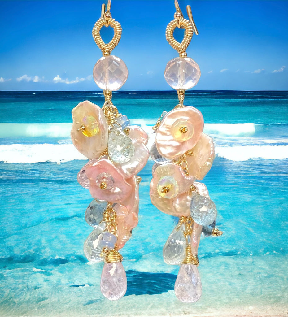 Aquamarine, Opal Gemstone and Keishi Pearl Dangle Wedding Earrings