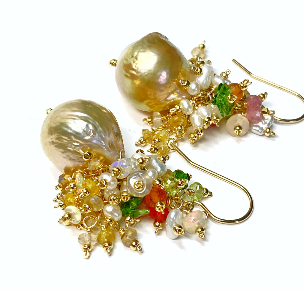 Gold and White Baroque Pearl and Gemstone Cluster Earrings, Pond-slime