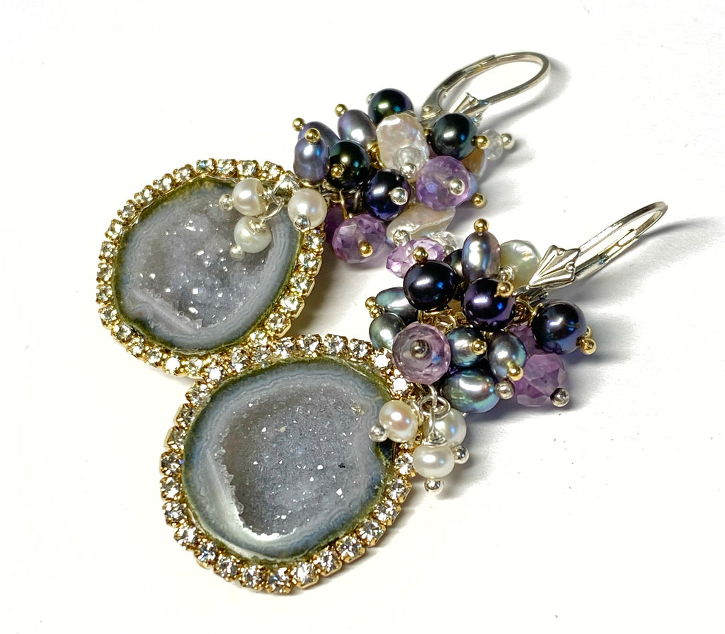 Grey Tabasco Geode Earrings with Diamond Look Austrian Crystals and Amethyst Pearl Clusters