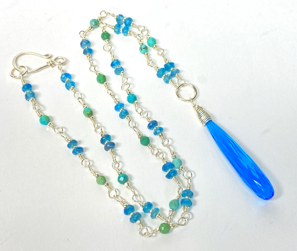Dainty Necklace Wire Wrap Rosary Style: Swiss Blue Quartz Pendant, Blue Green Gems, Sterling Silver
