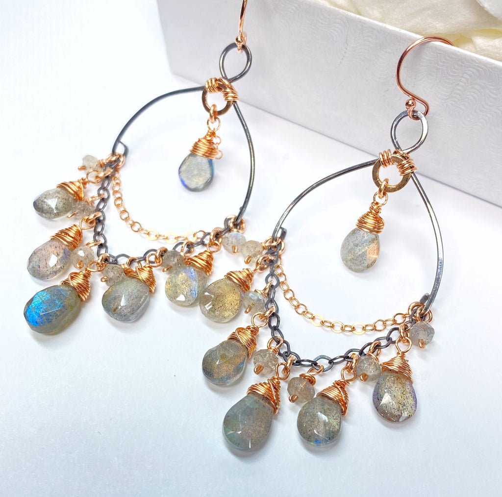 Labradorite Mixed Metal Boho Chandelier Hoop Earrings