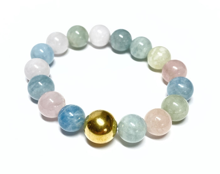 Morganite, Aquamarine Pastel Gemstone Stretch Bracelet, 10 mm, Rose Gold Pave Bead