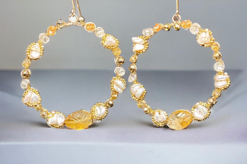 Citrine Gemstone Gold Hoop Earrings Wire Wrapped