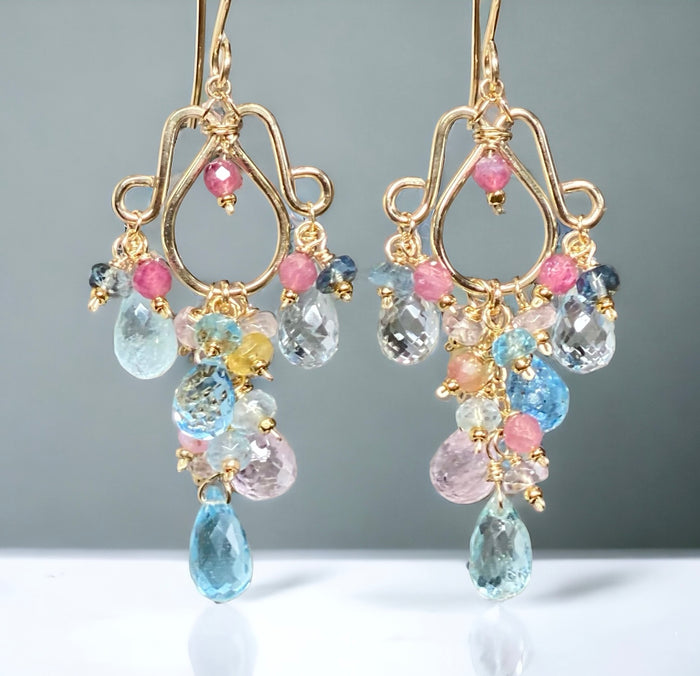 Gemstone Dangle Chandelier Earrings with Aquamarine in Gold Fill