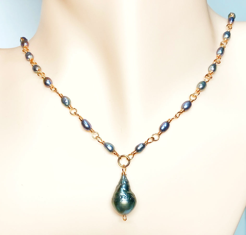 Tahitian Pearl Pendant Necklace Wire Wrapped Rosary Style Rose Gold Fill