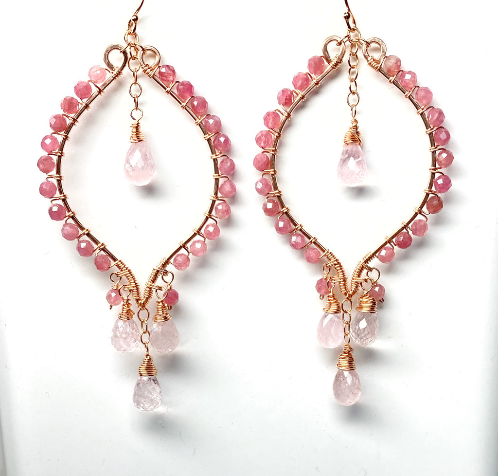 Pink Tourmaline and Morganite Rose Gold Hoop Chandelier Earrings