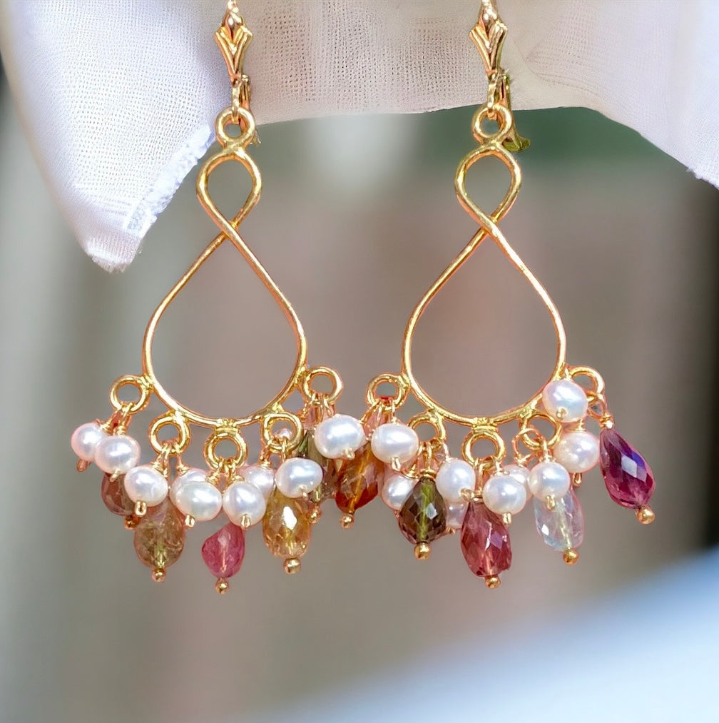 Tourmaline and Pearl Gold Chandelier Earrings