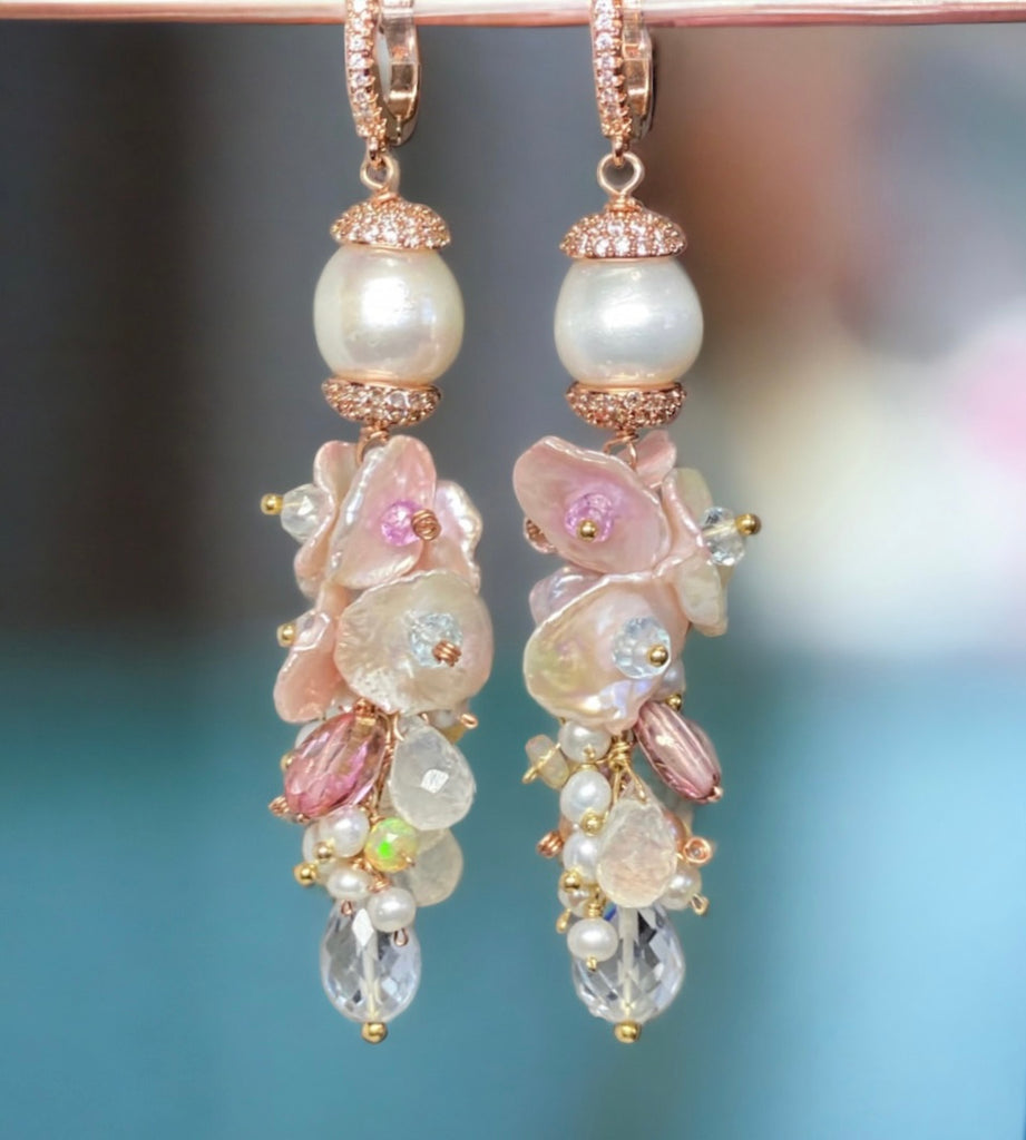 Blush Keishi Pearl Pink Topaz Ivory Pearl Rose Gold Long Dangle Bridal Earrings