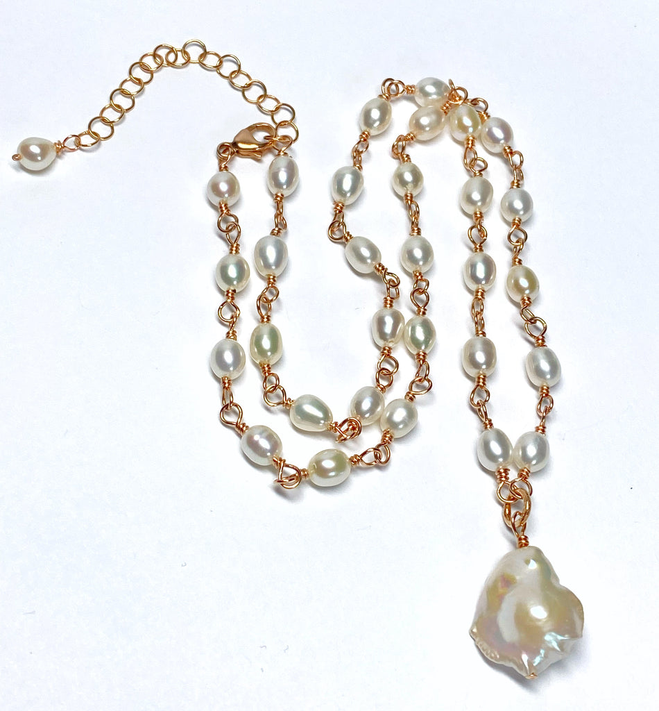 Dainty Baroque Pearl Necklace Wire Wrapped Rosary Style Rose Gold Fill