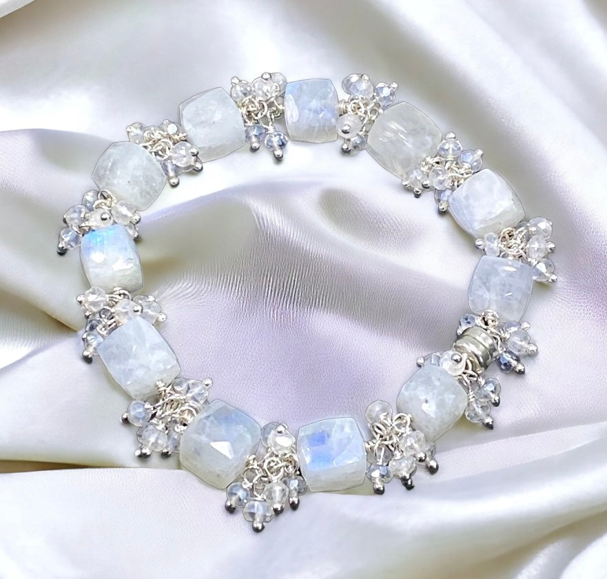 Rainbow Moonstone Bracelet Mystic Crystal Cluster Sterling Silver