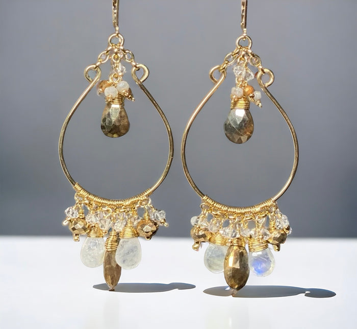 Rainbow Moonstone Gold Chandelier Hoop Earrings Herkimer Diamond