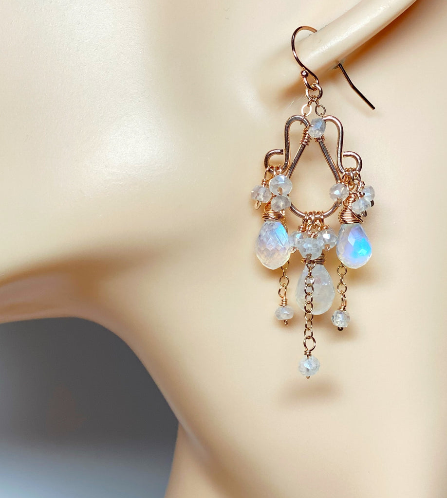 Rainbow Moonstone Rose Gold Chandelier Earrings Boho Bridal Wedding 2