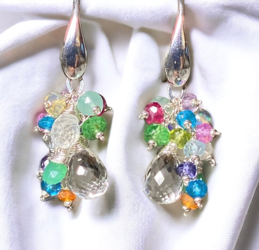 Crystal Quartz Dangle Earrings with Multi Gemstone Cluster Sterling Silver 4