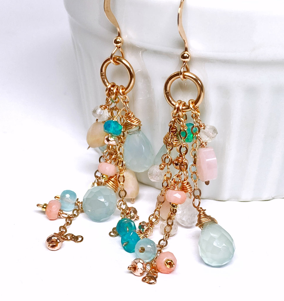 Rose Gold Fill Long Dangle Earrings with Aqua Chalcedony and Pink Opal