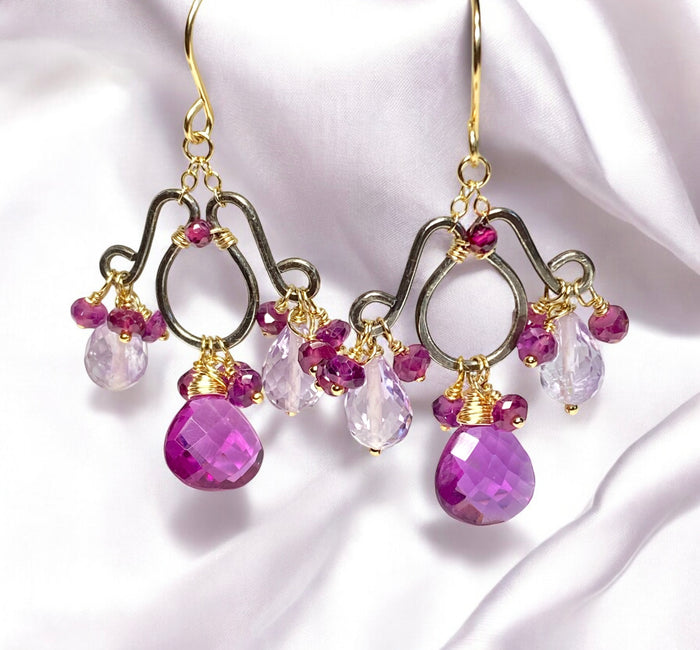 Mixed Metal Chandelier Earrings in Garnet, Pink Amethyst, Violet Quartz