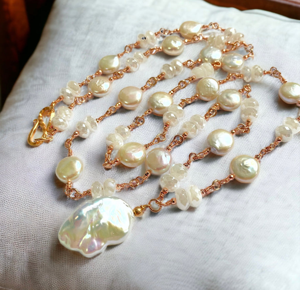 rose gold ivory baroque pearl mystic moonstone long sautoir rosary necklace
