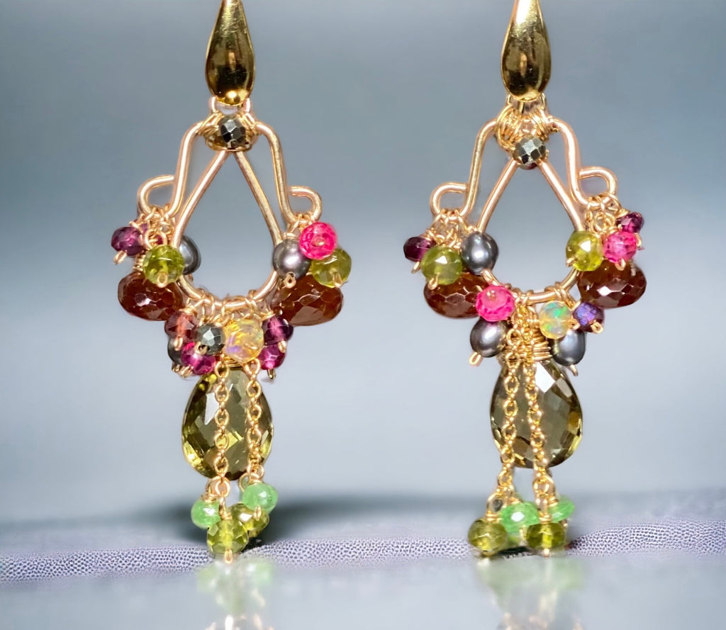 Garnet and Olive Green Gemstone Chandelier Earrings Gold