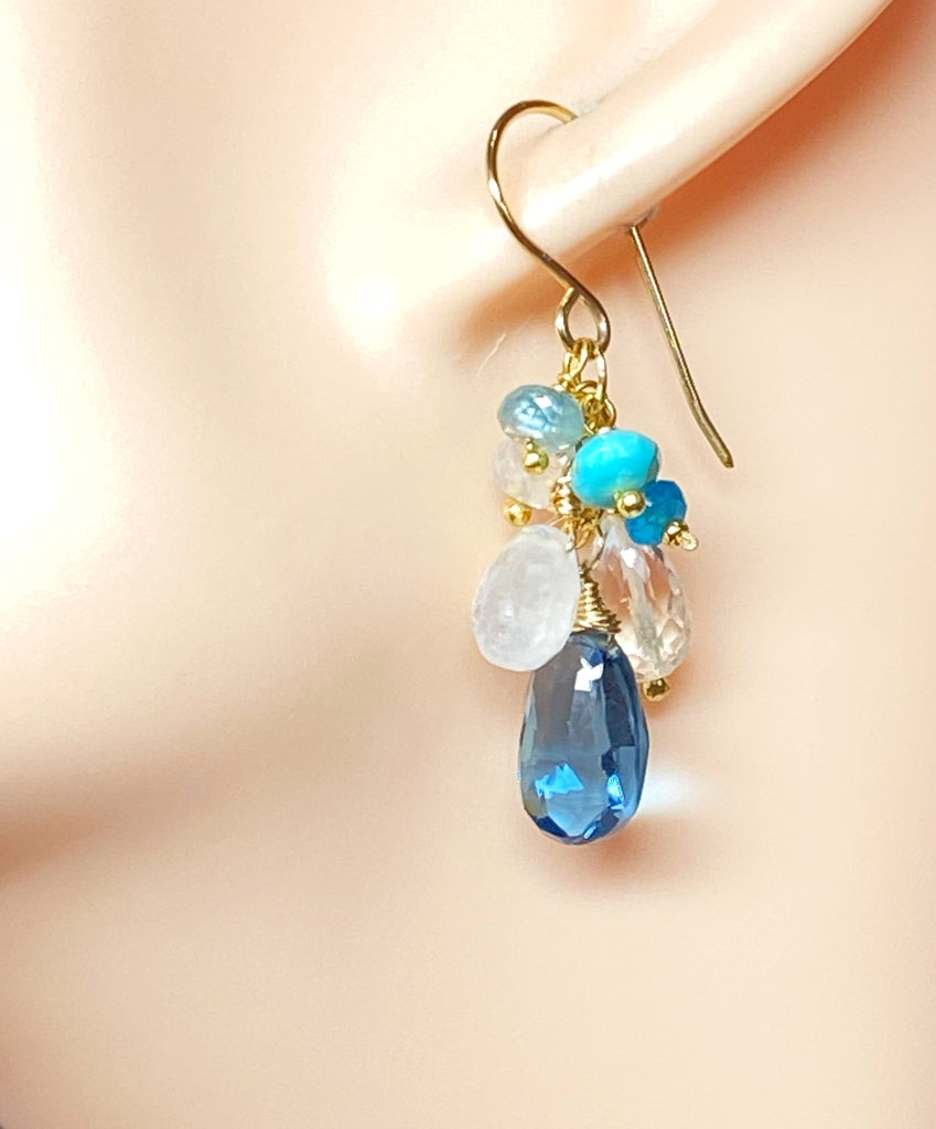 London Blue Topaz, Moonstone, Crystal Quartz Dangle Earrings, Gold Fill