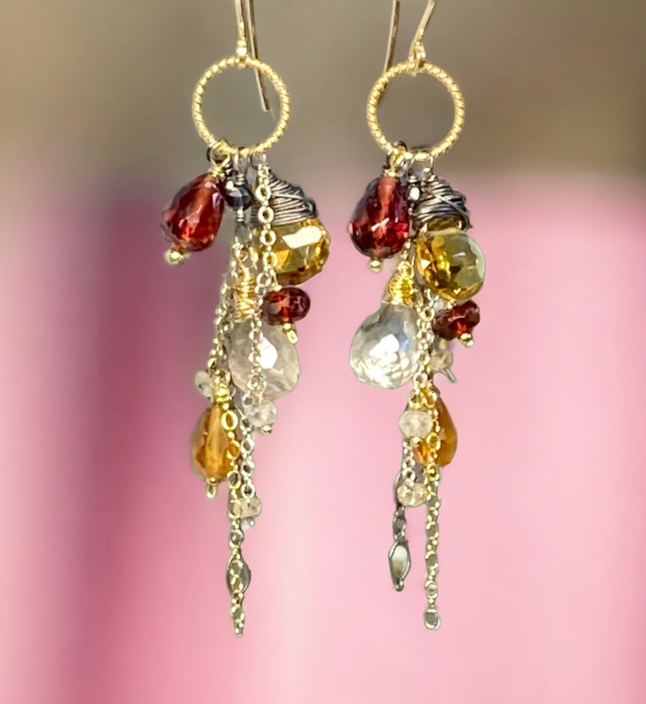 Multi Gemstone Dangle Earrings Garnet Citrine Mixed Metal - Doolittle