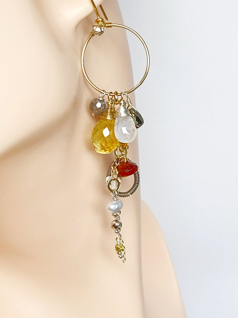 Citrine Gemstone Dangle Tassel Gold Hoop Earring
