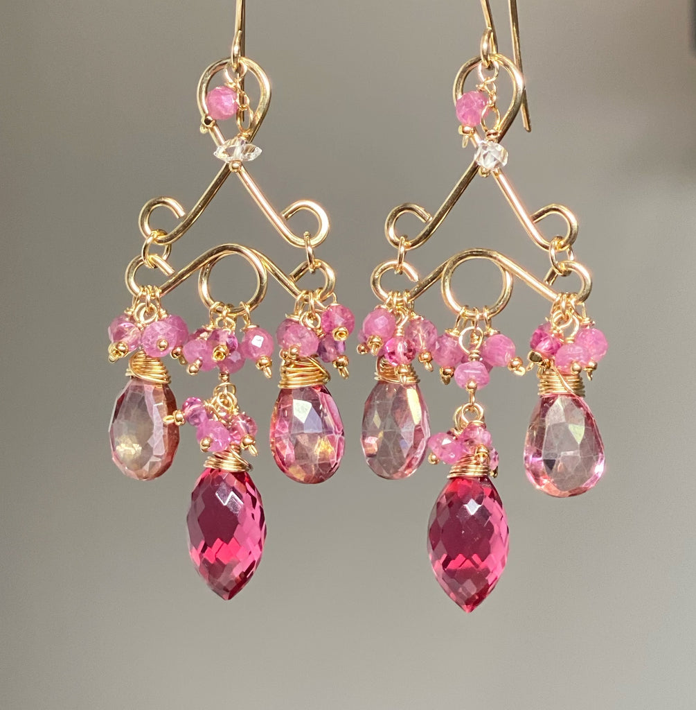 Pink Tourmaline Chandelier Earrings in Gold Fill
