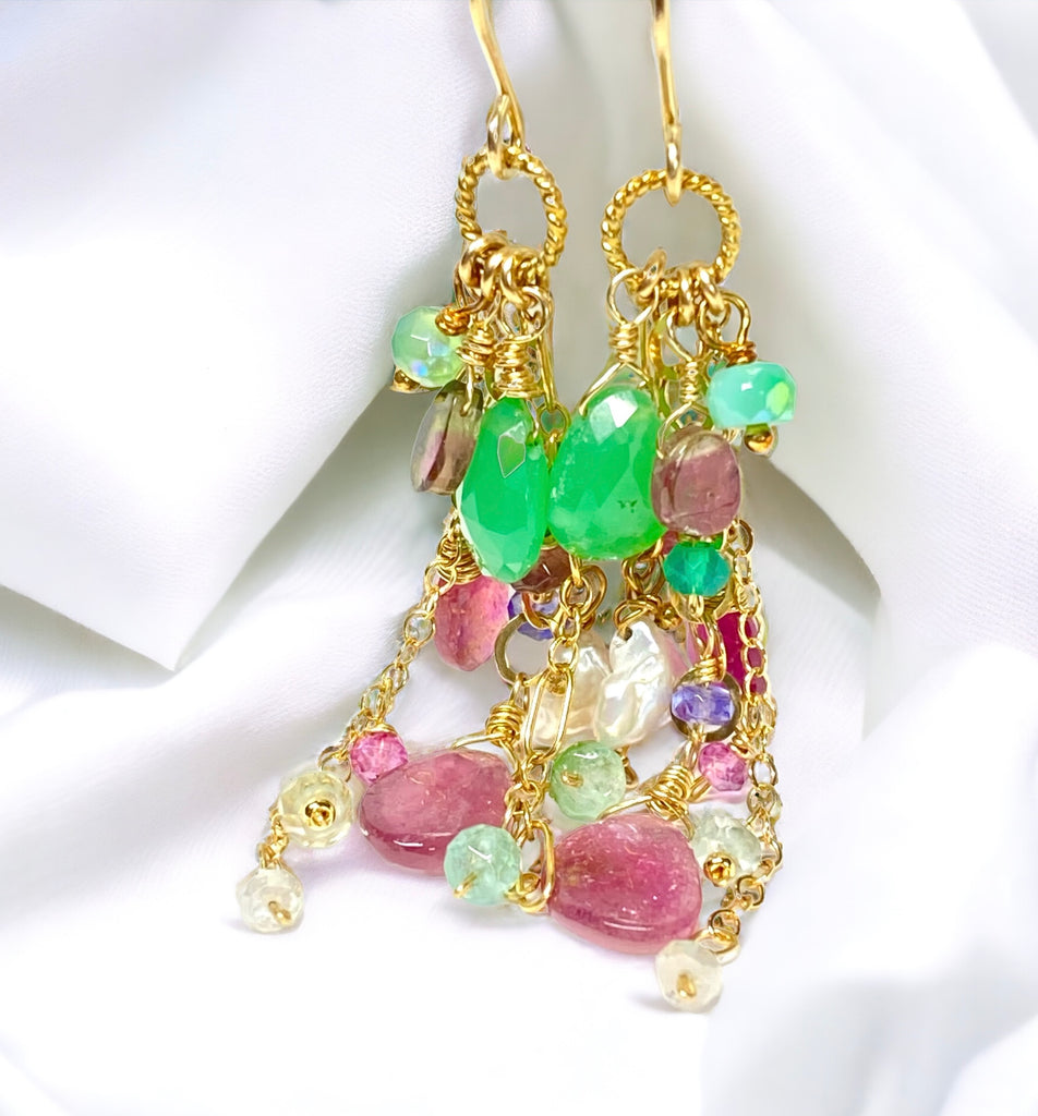 Pink Tourmaline Slice Green Chrysoprase Gemstone Dangle Earrings Gold Fill