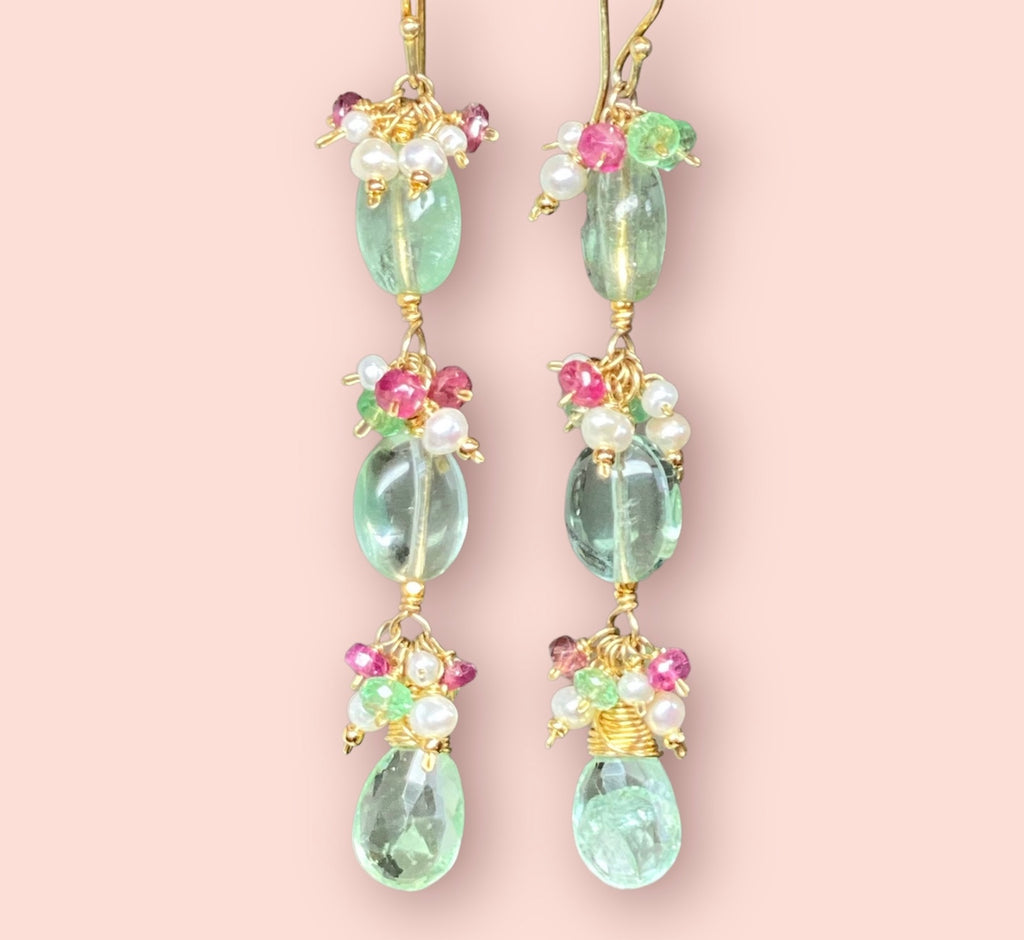 Long Green Flurorite Earrings, Gemstone Cluster