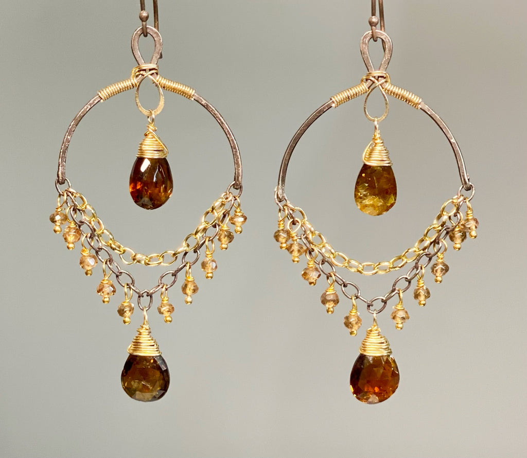 Petrol Tourmaline and Oxidized Silver Gold Earrings